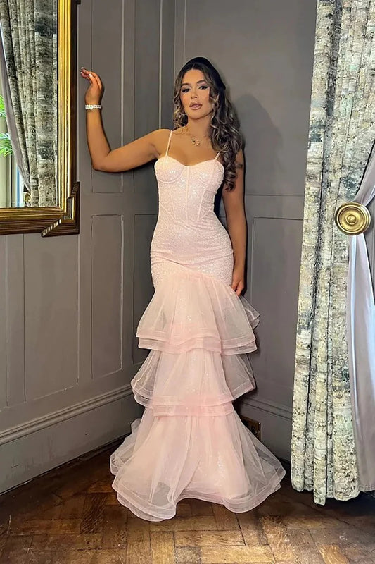 Romantic Mermaid Sweetheart Sleeveless Cutout-Back Tiered-Ruffle Prom Dress