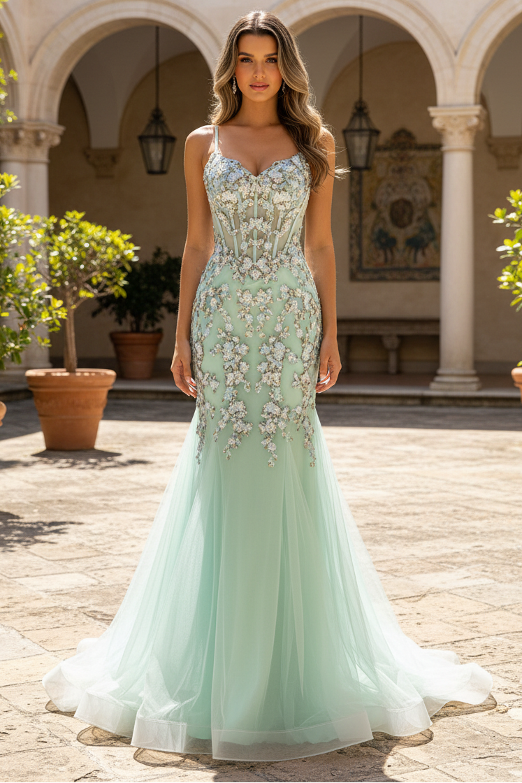 Romantic Mermaid Sweetheart Strapless Sleeveless Lace-Up-Back Train Prom Dress
