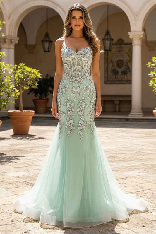 Romantic Mermaid Sweetheart Strapless Sleeveless Lace-Up-Back Train Prom Dress