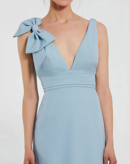 Romantic Mermaid V-Neck One-Shoulder Bow-Detail Open-Back Prom DressRomantic Mermaid V-Neck One-Shoulder Bow-Detail Open-Back Prom Dress