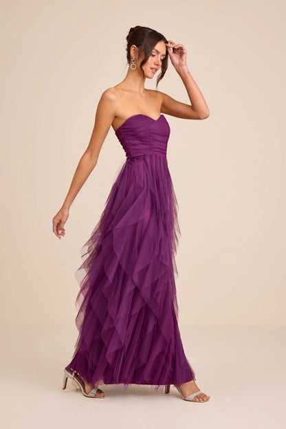 Romantic Plum Strapless Tulle Maxi Dress with Ruched Bodice and Tiered Ruffle Skirt, Bridesmaid Dresses