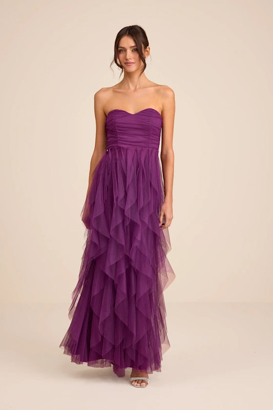 Romantic Plum Strapless Tulle Maxi Dress with Ruched Bodice and Tiered Ruffle Skirt, Bridesmaid Dresses