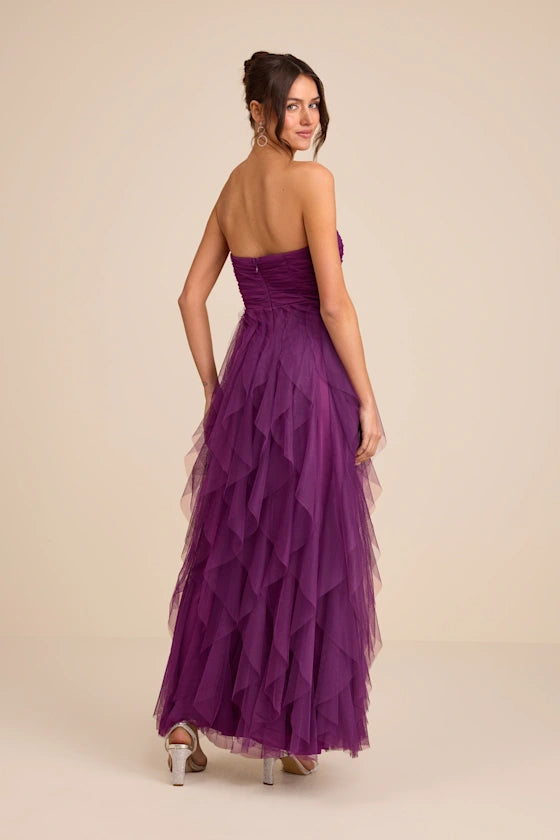 Romantic Plum Strapless Tulle Maxi Dress with Ruched Bodice and Tiered Ruffle Skirt, Bridesmaid Dresses