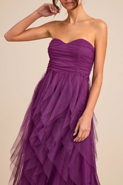 Romantic Plum Strapless Tulle Maxi Dress with Ruched Bodice and Tiered Ruffle Skirt, Bridesmaid Dresses