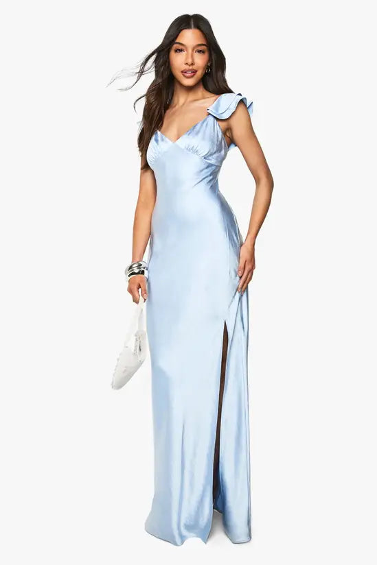 Romantic Powder Blue Satin Sweetheart Neckline with Ruffled Cap Sleeves and High Side Slit, Prom Dress