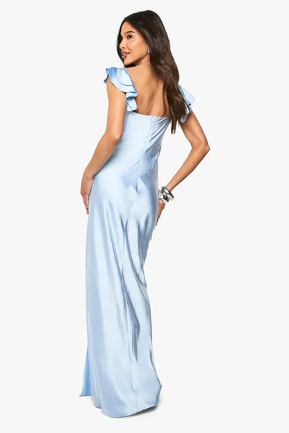 Romantic Powder Blue Satin Sweetheart Neckline with Ruffled Cap Sleeves and High Side Slit, Prom Dress