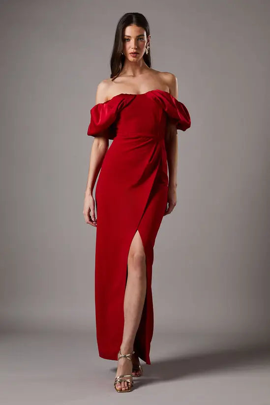 Romantic Ruby Red Off-the-Shoulder Maxi Dress with Ruffle Detail and High Side Slit, Prom Dress