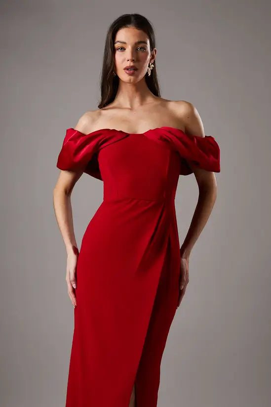 Romantic Ruby Red Off-the-Shoulder Maxi Dress with Ruffle Detail and High Side Slit, Prom Dress