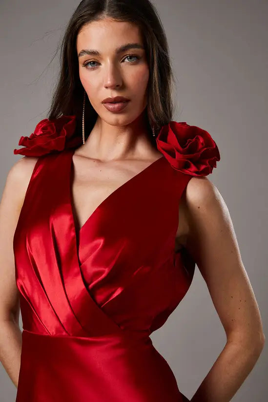 Romantic Ruby Red Satin V-Neck Maxi Dress with 3D Floral Shoulder Detail and Cowl Back, Prom Dress
