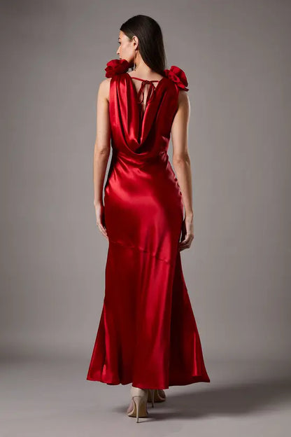 Romantic Ruby Red Satin V-Neck Maxi Dress with 3D Floral Shoulder Detail and Cowl Back, Prom Dress