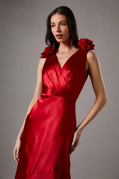 Romantic Ruby Red Satin V-Neck Maxi Dress with 3D Floral Shoulder Detail and Cowl Back, Prom Dress