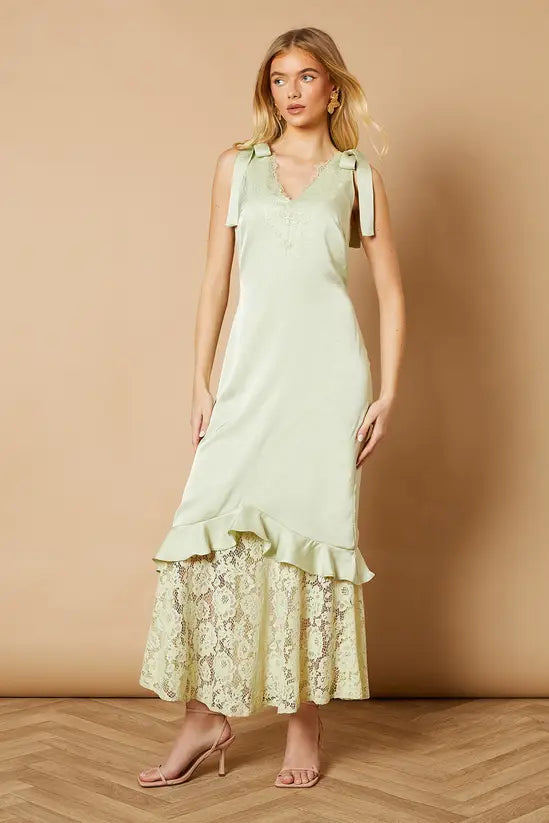 Romantic Sage Green Satin Maxi Dress with Tie Straps, Ruffle Detail, and Lace Hem, Prom Dress