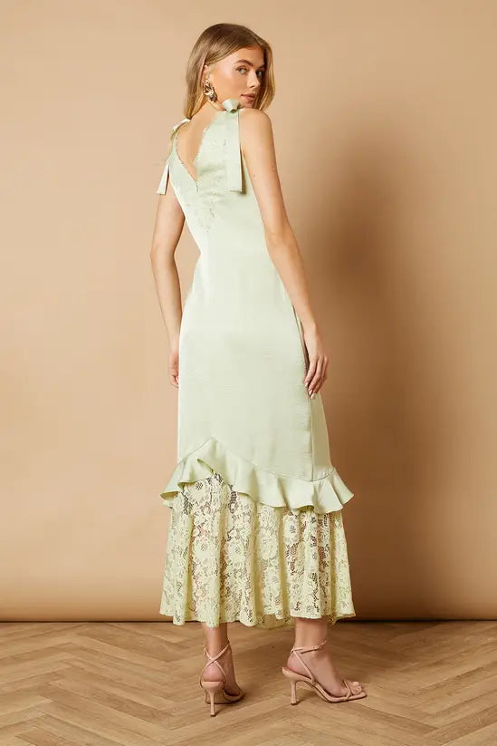 Romantic Sage Green Satin Maxi Dress with Tie Straps, Ruffle Detail, and Lace Hem, Prom Dress