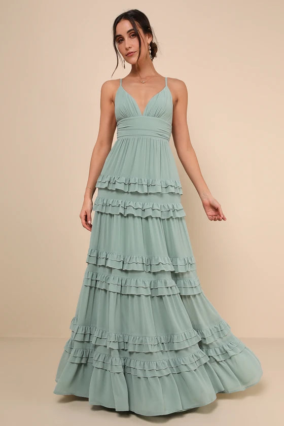 Romantic Sage Green Spaghetti Strap Maxi Dress with Tiered Ruffle Skirt, Prom Dress