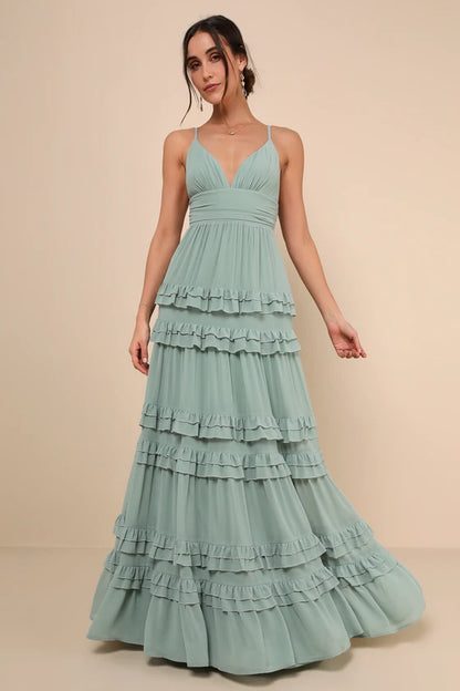 Romantic Sage Green Spaghetti Strap Maxi Dress with Tiered Ruffle Skirt, Prom Dress