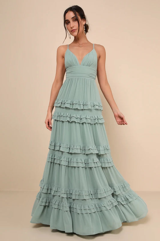 Romantic Sage Green Spaghetti Strap Maxi Dress with Tiered Ruffle Skirt, Prom Dress