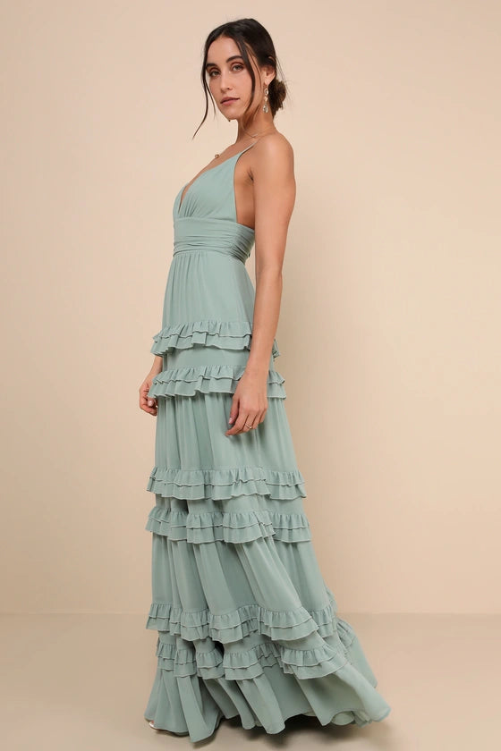 Romantic Sage Green Spaghetti Strap Maxi Dress with Tiered Ruffle Skirt, Prom Dress