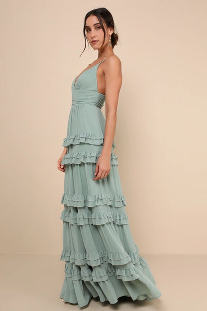 Romantic Sage Green Spaghetti Strap Maxi Dress with Tiered Ruffle Skirt, Prom Dress