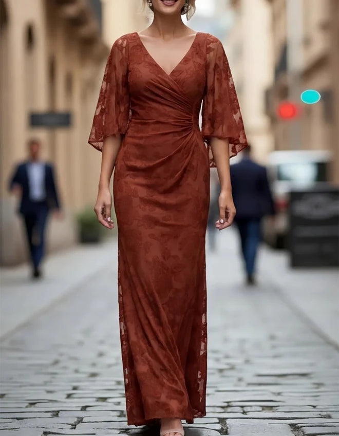 Romantic Sheath V-Neck Lace Bell-Sleeve Ruched Floor-Length Mother of the Bride Dress
