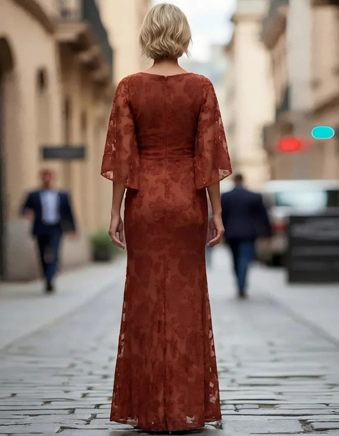 Romantic Sheath V-Neck Lace Bell-Sleeve Ruched Floor-Length Mother of the Bride Dress