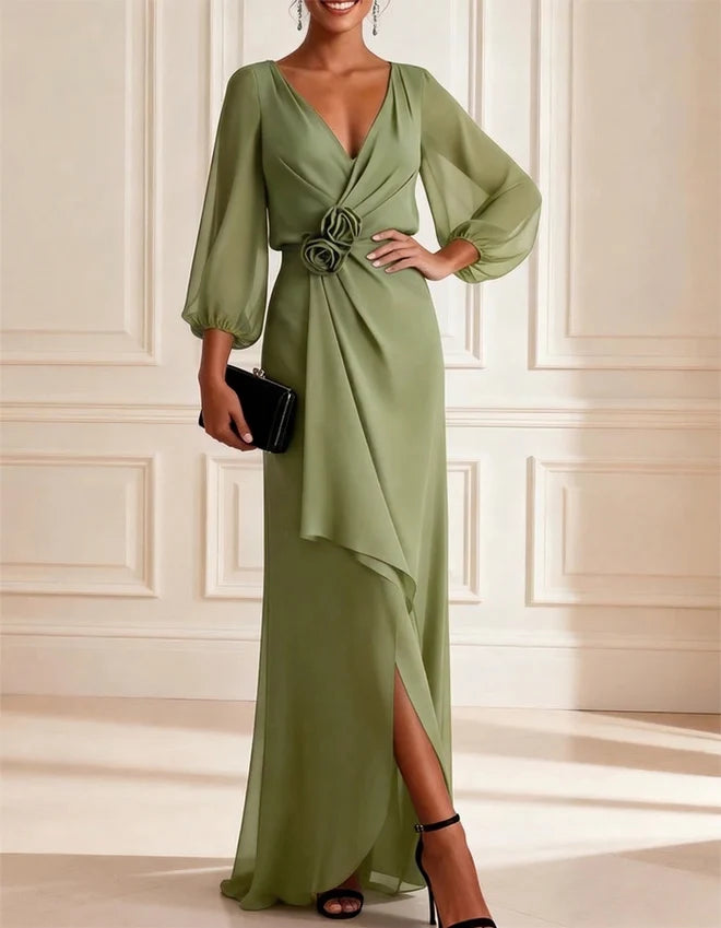 Romantic Sheath V-Neck Sheer Puff-Sleeve Slit Floor-Length Mother of the Bride Dress