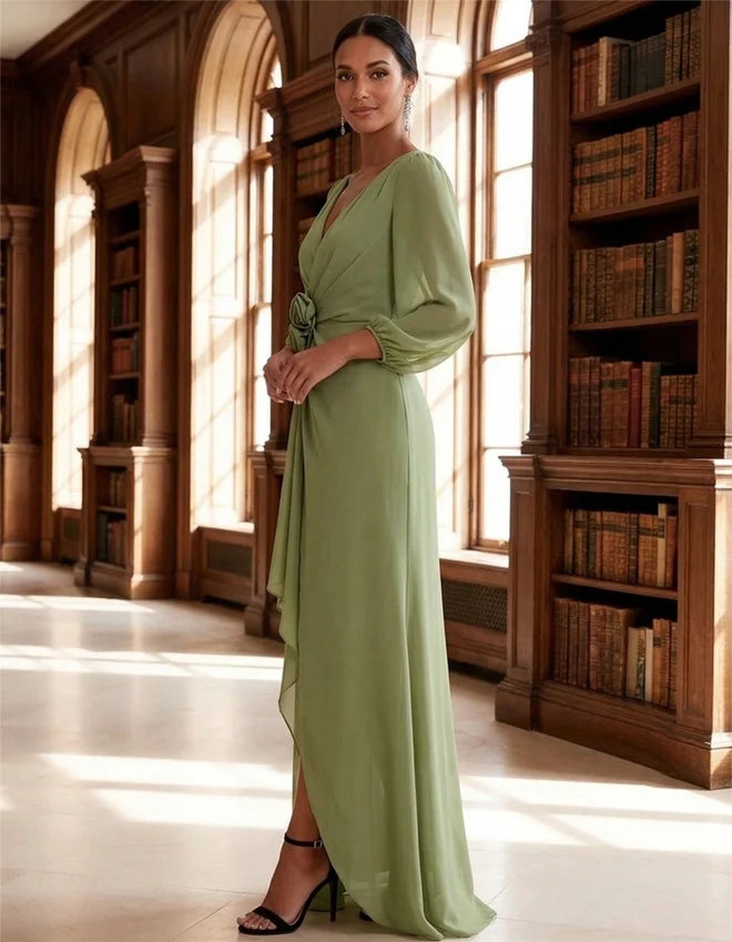 Romantic Sheath V-Neck Sheer Puff-Sleeve Slit Floor-Length Mother of the Bride Dress