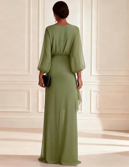 Romantic Sheath V-Neck Sheer Puff-Sleeve Slit Floor-Length Mother of the Bride Dress