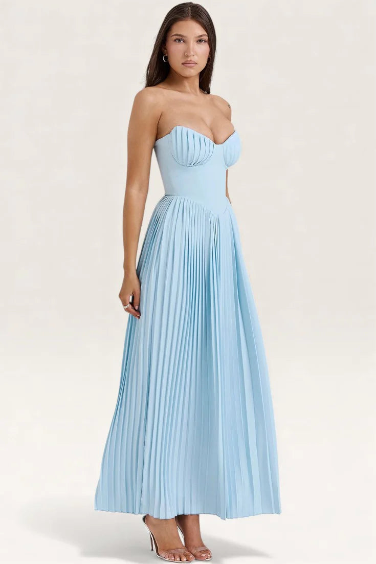Romantic Sky Blue Strapless Pleated Maxi Dress with Sweetheart Neckline: Prom Dress