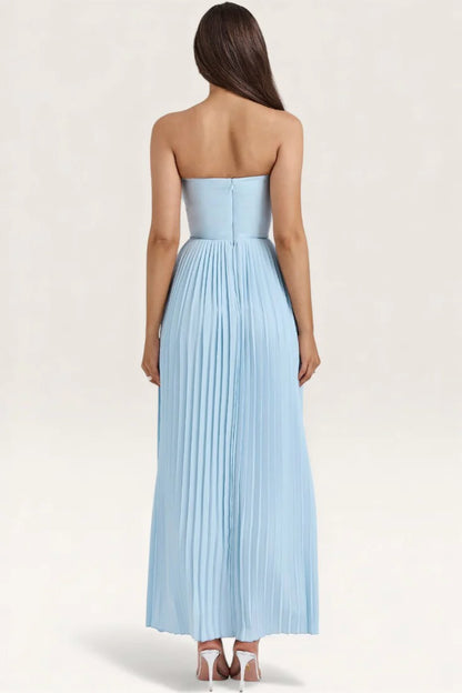Romantic Sky Blue Strapless Pleated Maxi Dress with Sweetheart Neckline: Prom Dress