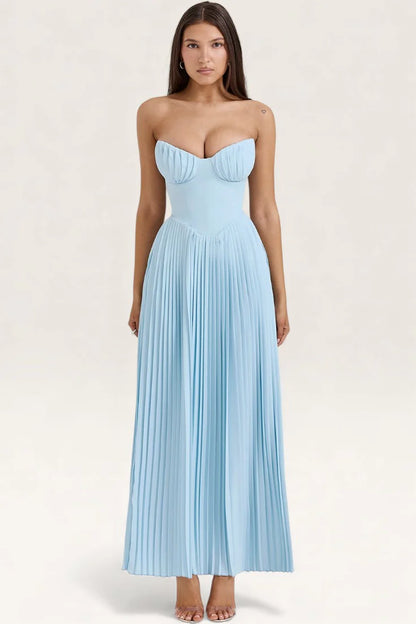 Romantic Sky Blue Strapless Pleated Maxi Dress with Sweetheart Neckline: Prom Dress