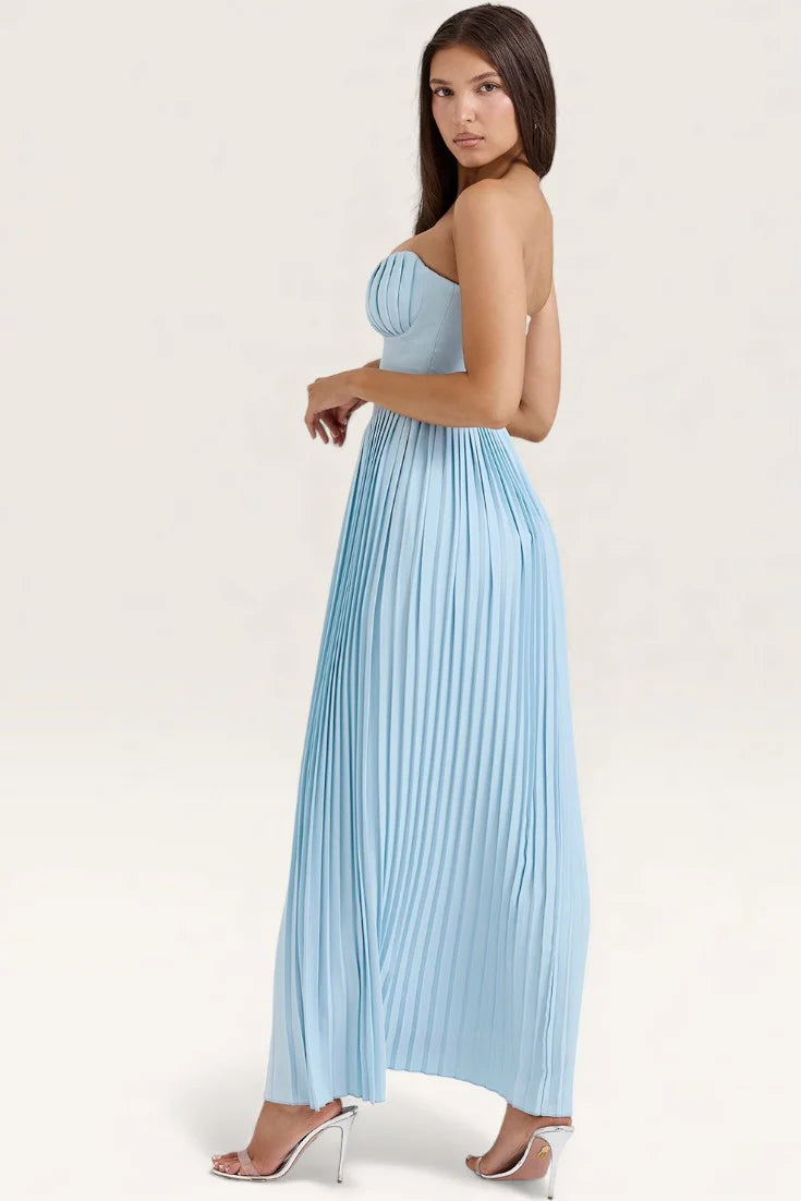 Romantic Sky Blue Strapless Pleated Maxi Dress with Sweetheart Neckline: Prom Dress