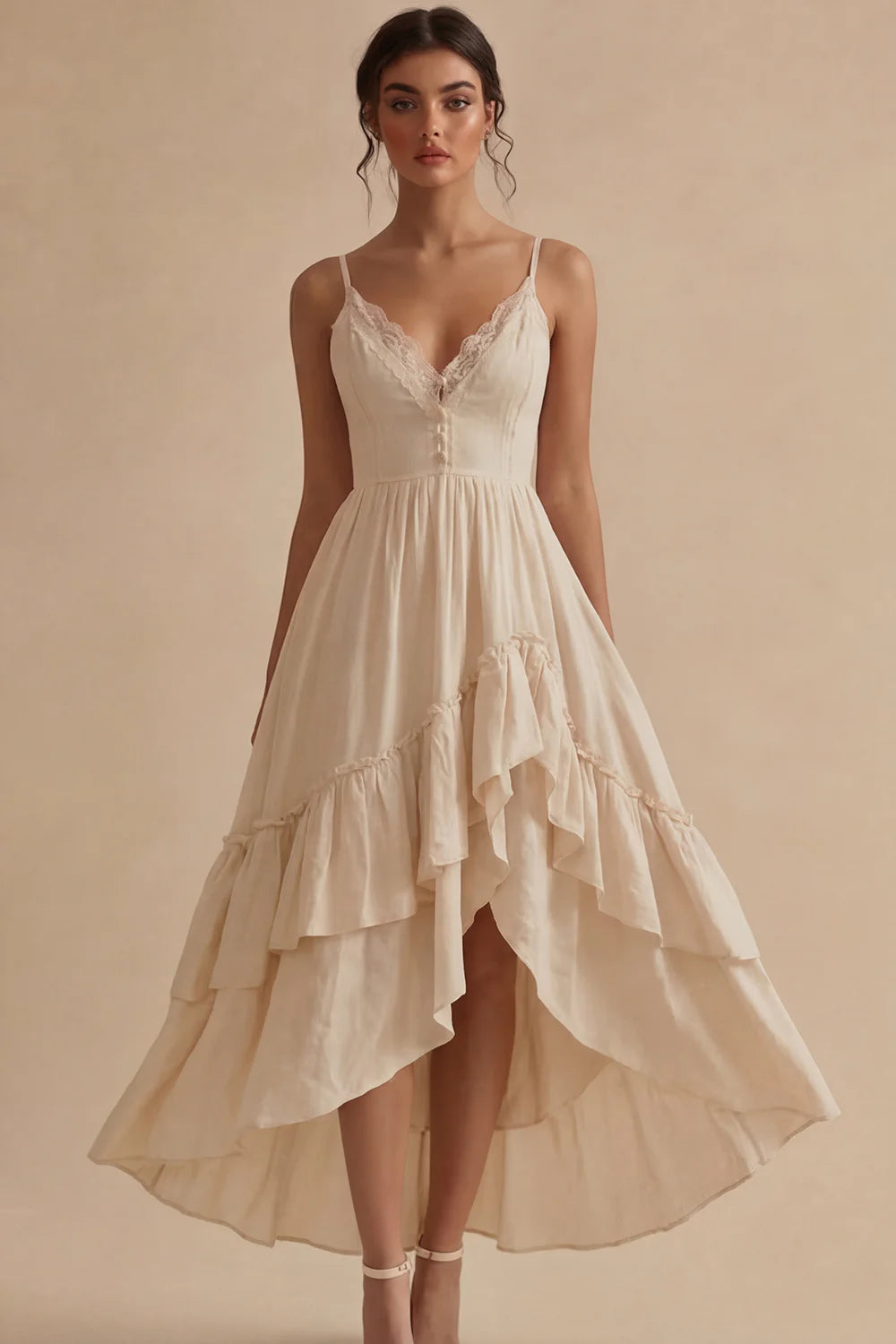 Romantic Spaghetti Strap Champagne Lace Corset Bodice High-Low Tiered Ruffle Dress Prom Dress