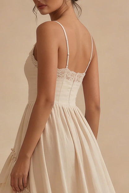 Romantic Spaghetti Strap Champagne Lace Corset Bodice High-Low Tiered Ruffle Dress Prom Dress