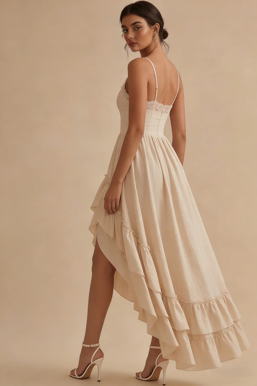 Romantic Spaghetti Strap Champagne Lace Corset Bodice High-Low Tiered Ruffle Dress Prom Dress
