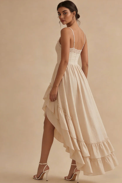 Romantic Spaghetti Strap Champagne Lace Corset Bodice High-Low Tiered Ruffle Dress Prom Dress