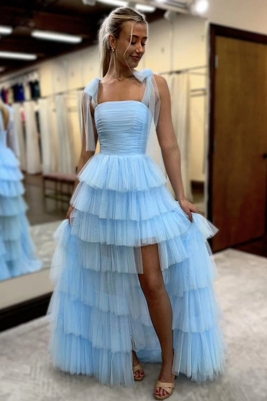 Romantic Square Neck Tulle Strap Tiered Ruffled Tulle Prom Dress with Lace Up Back and High Slit