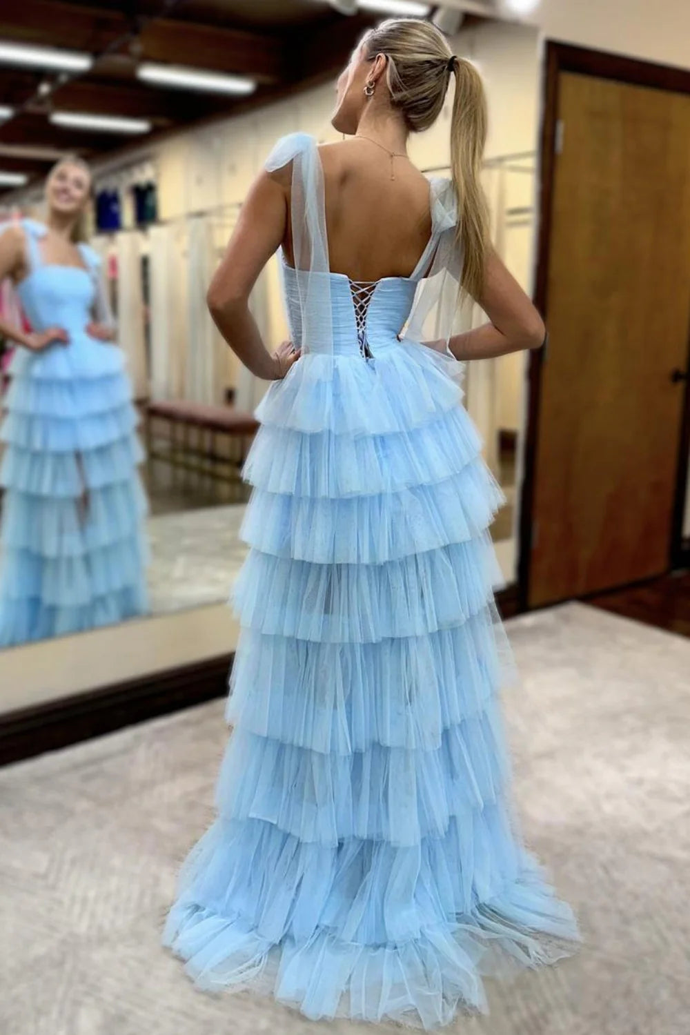 Romantic Square Neck Tulle Strap Tiered Ruffled Tulle Prom Dress with Lace Up Back and High Slit