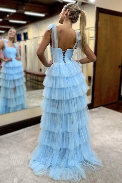 Romantic Square Neck Tulle Strap Tiered Ruffled Tulle Prom Dress with Lace Up Back and High Slit