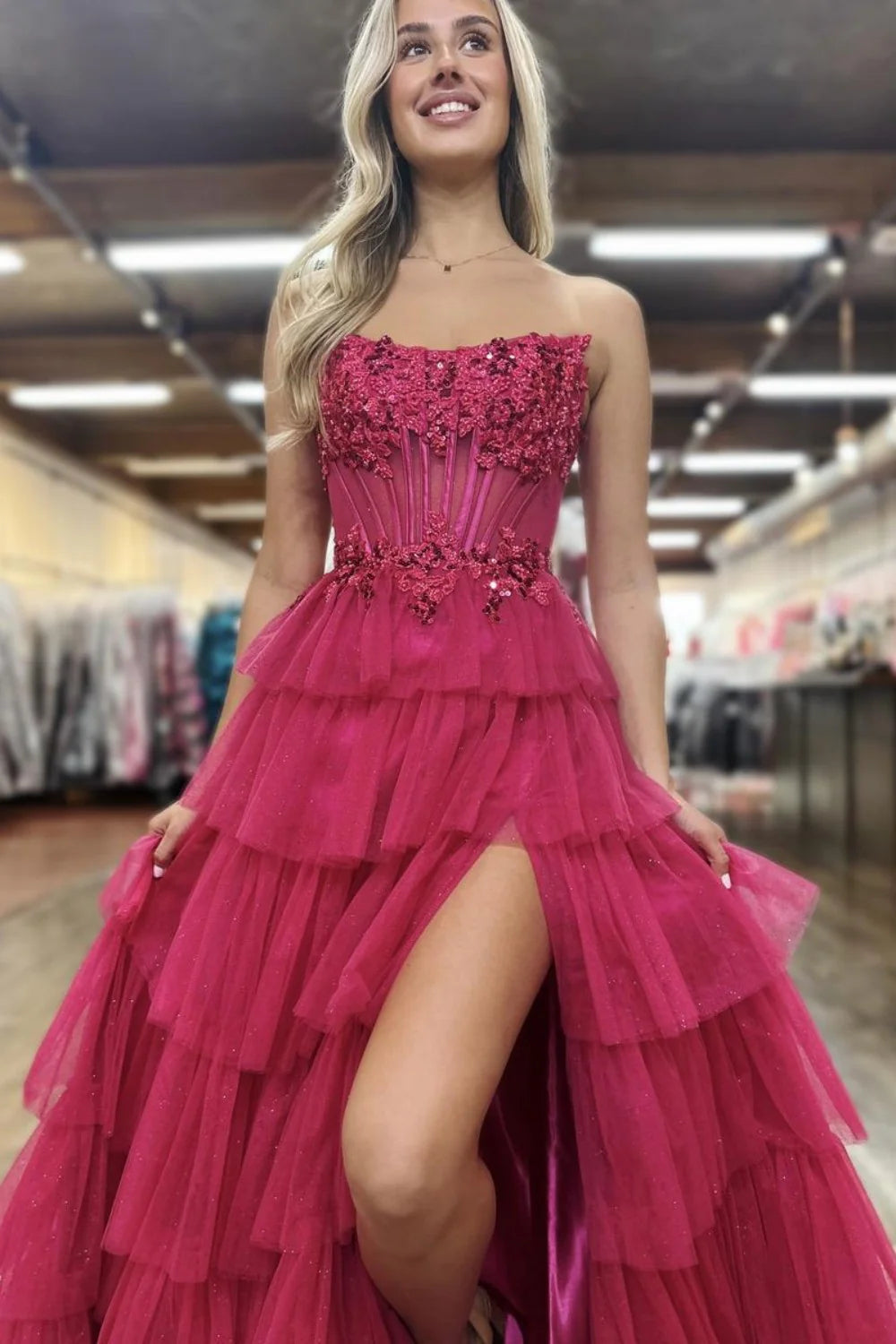 Romantic Strapless 3D Floral Applique Tiered Ruffled Tulle Prom Dress with Lace Up Back and High Slit