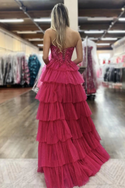 Romantic Strapless 3D Floral Applique Tiered Ruffled Tulle Prom Dress with Lace Up Back and High Slit