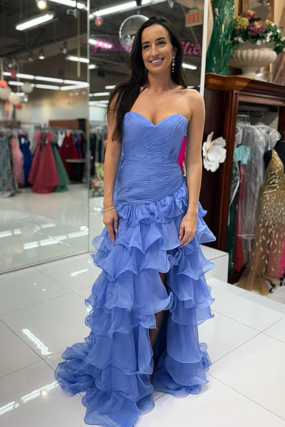 Romantic Strapless Ruched Tiered Ruffled Chiffon Prom Dress with High Slit and Sweep Train