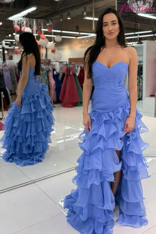 Romantic Strapless Ruched Tiered Ruffled Chiffon Prom Dress with High Slit and Sweep Train