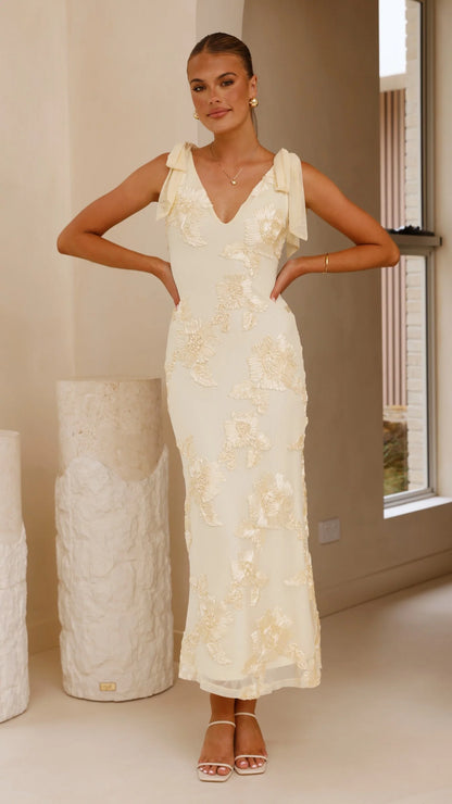 Romantic Tie Strap V-Neck Backless 3D Floral Embellished Midi Prom Dress