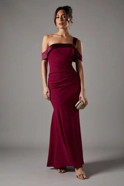 Romantic Wine Red Asymmetric Off-the-Shoulder Mermaid Gown with Ruched Bodice, Prom Dress