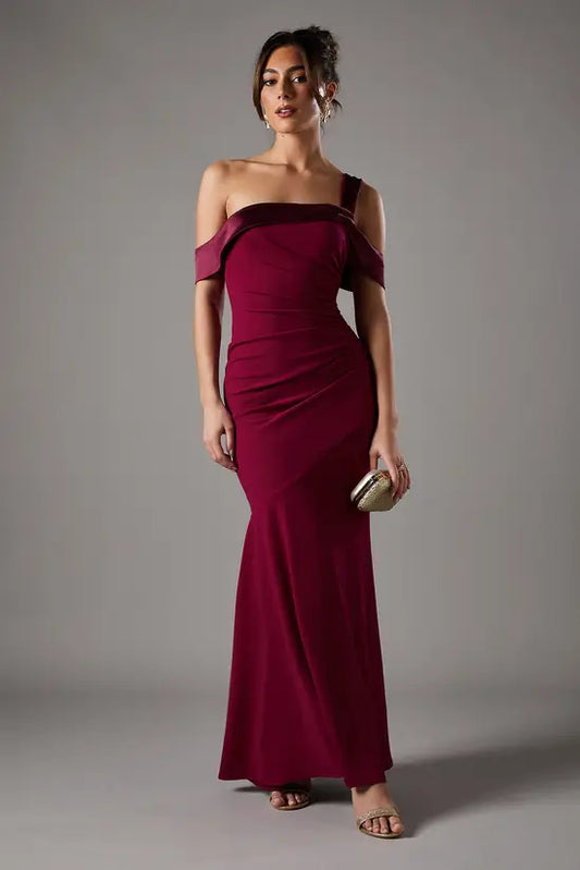 Romantic Wine Red Asymmetric Off-the-Shoulder Mermaid Gown with Ruched Bodice, Prom Dress