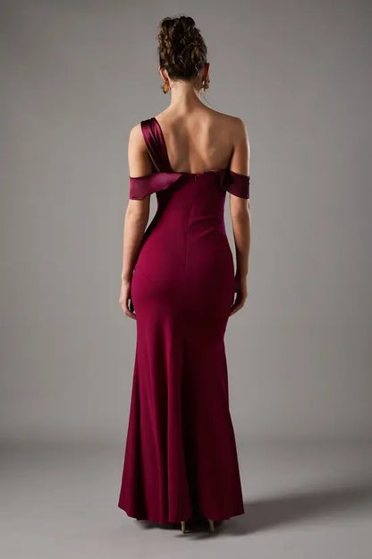 Romantic Wine Red Asymmetric Off-the-Shoulder Mermaid Gown with Ruched Bodice, Prom Dress