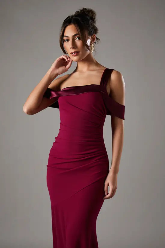 Romantic Wine Red Asymmetric Off-the-Shoulder Mermaid Gown with Ruched Bodice, Prom Dress