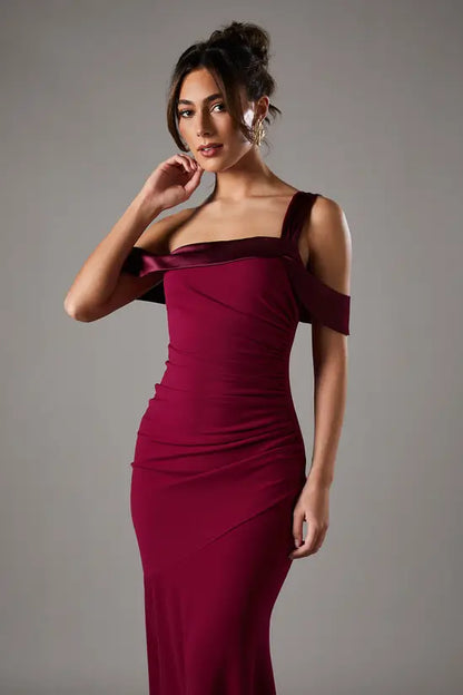 Romantic Wine Red Asymmetric Off-the-Shoulder Mermaid Gown with Ruched Bodice, Prom Dress