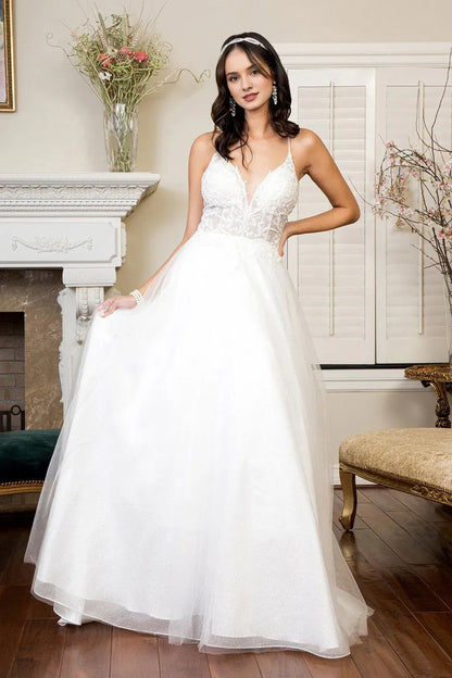 Romantic A-Line Deep V-Neck Sleeveless Glitter Lace White Floor Wedding Bridal Gown