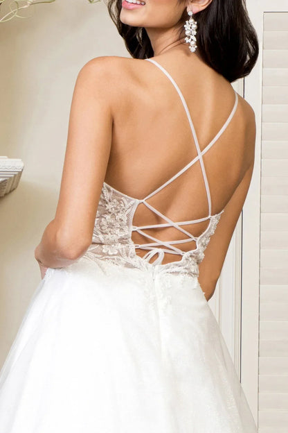 Romantic A-Line Deep V-Neck Sleeveless Glitter Lace White Floor Wedding Bridal Gown
